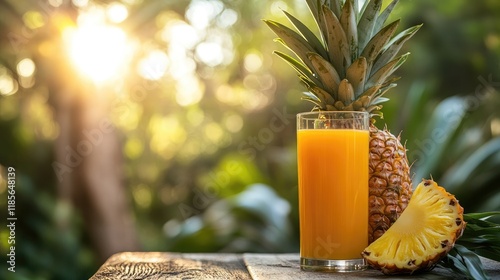 Fresh pineapple and juice on wooden table with sunlit outdoor backdrop showcasing vibrant tropical ambiance and natural appeal photo