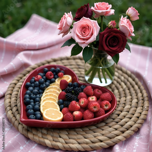 Romantic picnic in nature. On a pink background, a vase with flowers and a heart-shaped plate with fruit