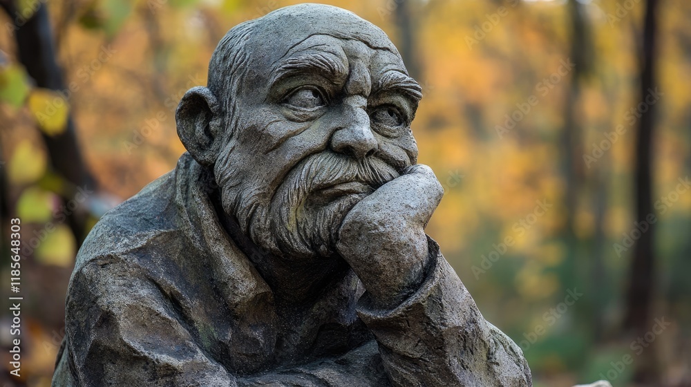 Dol hareubang stone grandpa sculpture deep in thought surrounded by autumn foliage in a serene natural setting Dol hareubang stone grandpa sculpture deep in thought surrounded by autumn foliage in a serene natural setting