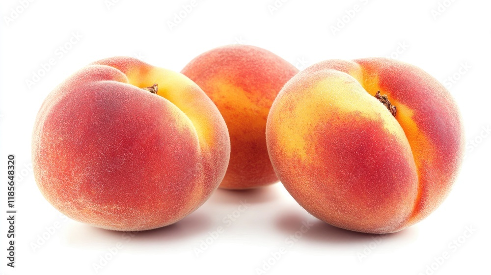 Fresh ripe peaches displaying vibrant colors on a clean white background ideal for food-related advertising or product promotion. Fresh ripe peaches displaying vibrant colors on a clean white background ideal for food-related advertising or product promotion.