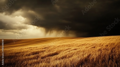 Brown cornfield ready for harvest contrasting with dark stormy sky showcasing nature's beauty and impending weather changes. photo