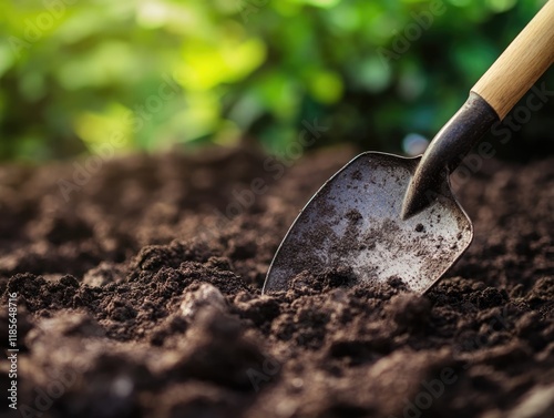 Closeup of a young boy using a trowel to dig in rich dark soil in a vibrant garden with lush greenery in the background and ample empty space for text photo