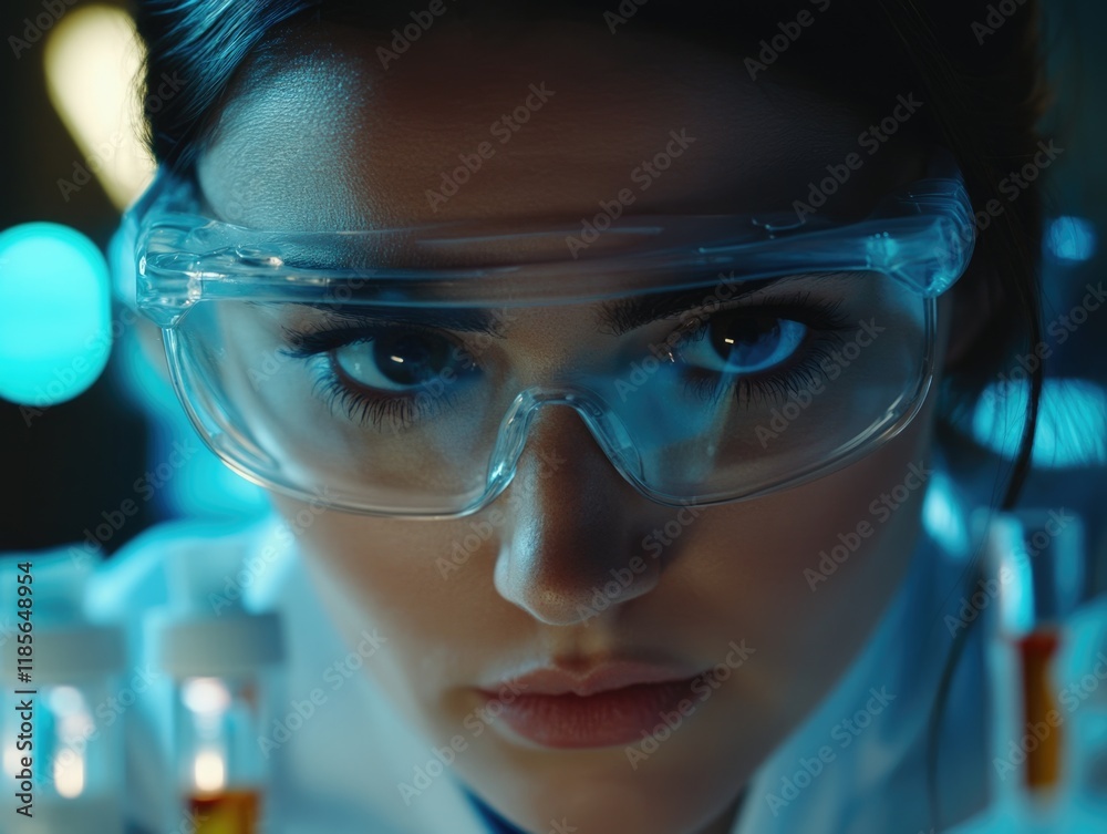 Professional female scientist conducting experiments with test tubes in modern laboratory wearing protective eyeglasses illuminated by blue light focusing on analysis Professional female scientist conducting experiments with test tubes in modern laboratory wearing protective eyeglasses illuminated by blue light focusing on analysis