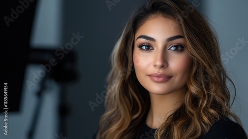 Elegant Portrait of Female Makeup Artist with Beautiful Waves in Professional Studio Environment photo