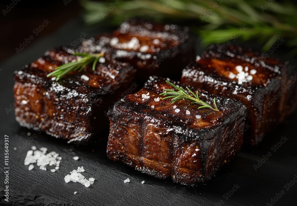 Grilled Meat Cubes with Herbs and Sea Salt on a Dark Slate Plate Surrounded by Fresh Green Rosemary Sprigs for a Rustic Culinary Presentation Grilled Meat Cubes with Herbs and Sea Salt on a Dark Slate Plate Surrounded by Fresh Green Rosemary Sprigs for a Rustic Culinary Presentation