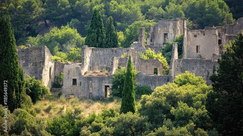 Abandoned town ruins enveloped by lush greenery showcasing the resilience of nature over human structures photo