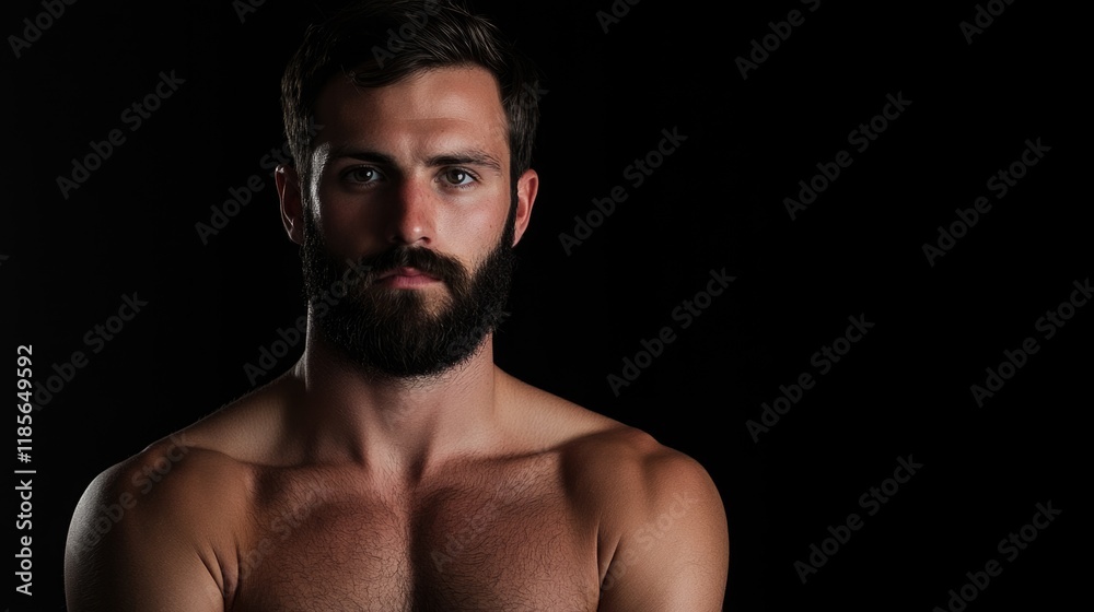 Caucasian muscular man with a beard posing without a shirt on a black background with arms crossed and serious expression horizontal composition for copyspace. Caucasian muscular man with a beard posing without a shirt on a black background with arms crossed and serious expression horizontal composition for copyspace.