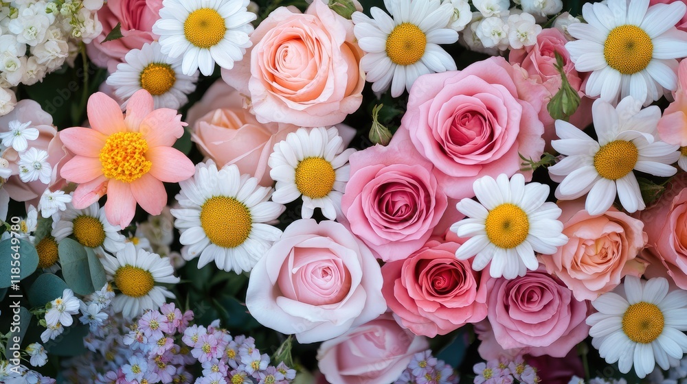 Vibrant floral arrangement featuring pink roses, white daisies, and delicate blooms for an enchanting botanical display Vibrant floral arrangement featuring pink roses, white daisies, and delicate blooms for an enchanting botanical display