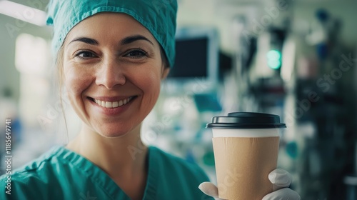 Smiling female doctor in scrubs holding a coffee cup in a hospital setting conveying professionalism and warmth during a busy shift photo