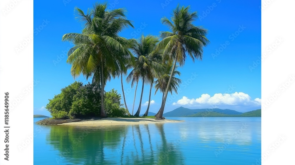 Fototapeta premium Island surrounded by ocean water covered in dense palm trees