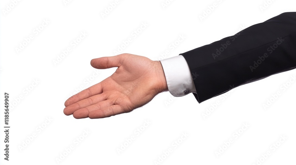 Business handshake close-up of a man's outstretched hand in a formal black suit with white shirt isolated on a clean white background for promotional text placement. Business handshake close-up of a man's outstretched hand in a formal black suit with white shirt isolated on a clean white background for promotional text placement.
