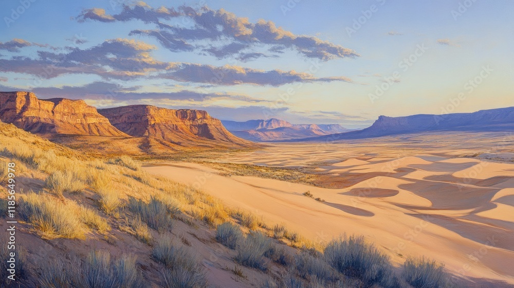 Fototapeta premium Serene desert landscape with rugged dunes and dramatic mountains under a colorful sky at sunrise