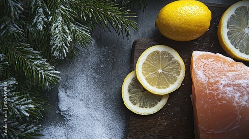 Cooking turkey with lemon slices spices and fresh fir branches on rustic wooden background ideal for festive culinary themes photo