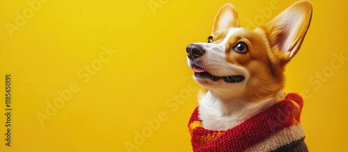 Corgi wearing a colorful ascot scarf against a vibrant yellow background with a blank space for customizable text and promotional content