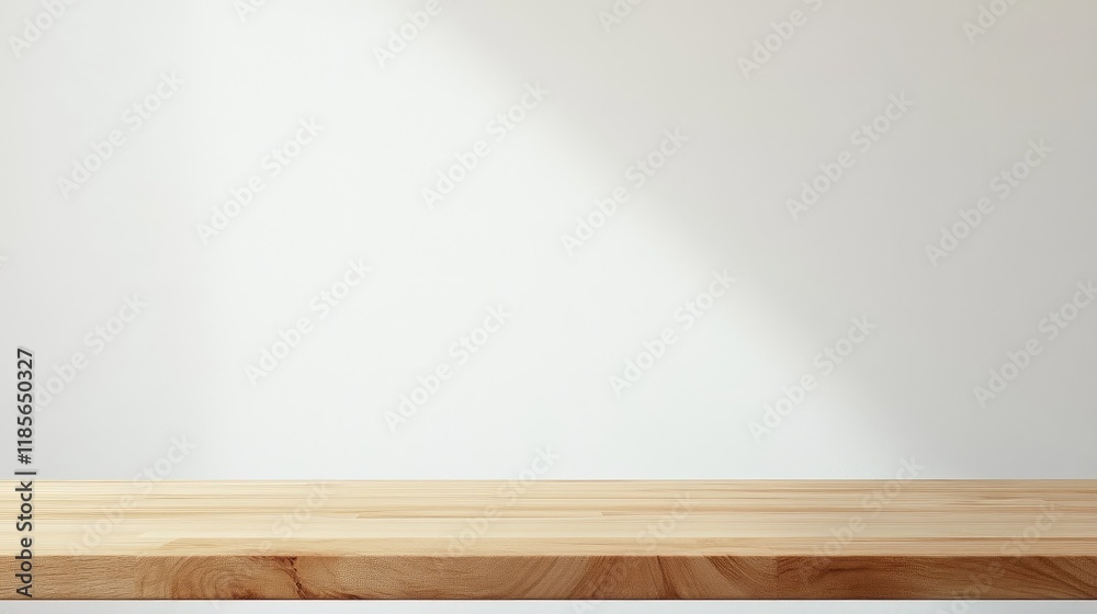 Empty Wooden Tabletop in Bright White Kitchen Setting for Display Mockup and Interior Design Ideas
