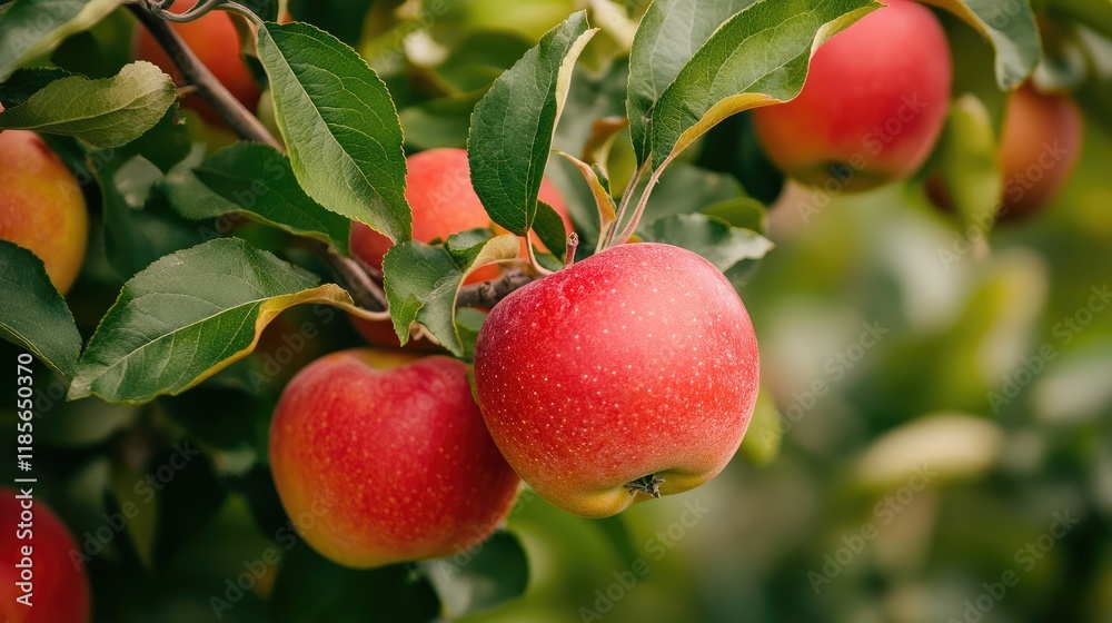 Ripe red apples hanging on tree branches with vibrant green leaves in a sunny orchard setting Ripe red apples hanging on tree branches with vibrant green leaves in a sunny orchard setting