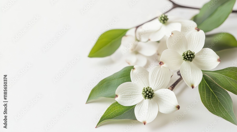 Obraz premium Dogwood flowers with white petals and green leaves elegantly arranged on a soft white background showcasing natural beauty and tranquility