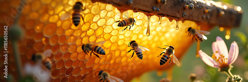 A vibrant scene of a busy beehive, with honeycomb dripping golden honey and wooden frames used for harvesting, surrounded by bees flying gracefully in sunlight.

