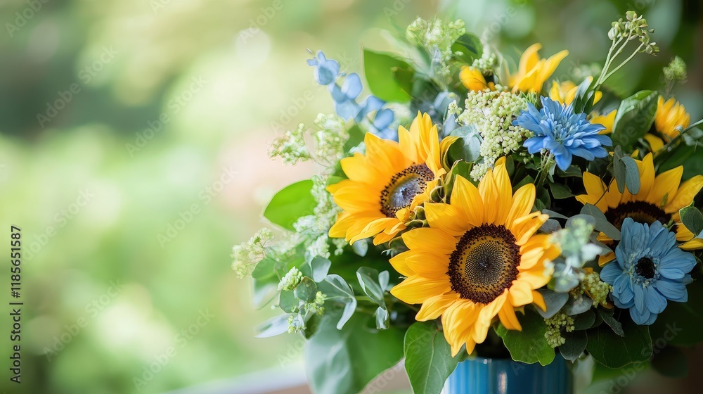 Obraz premium Vibrant floral bouquet featuring sunflowers and blue flowers in a lush green setting.