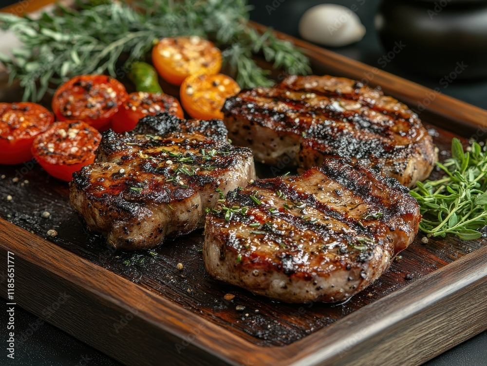Grilled Pork Chops with Fresh Herbs and Roasted Cherry Tomatoes on a Wooden Cutting Board, Perfect for Culinary Art and Food Photography Grilled Pork Chops with Fresh Herbs and Roasted Cherry Tomatoes on a Wooden Cutting Board, Perfect for Culinary Art and Food Photography