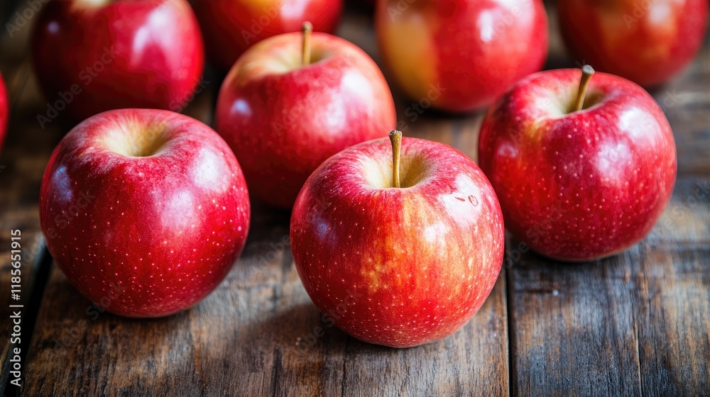 Vibrant ripe red apples beautifully arranged on a rustic wooden surface showcasing freshness and natural farm produce. Vibrant ripe red apples beautifully arranged on a rustic wooden surface showcasing freshness and natural farm produce.