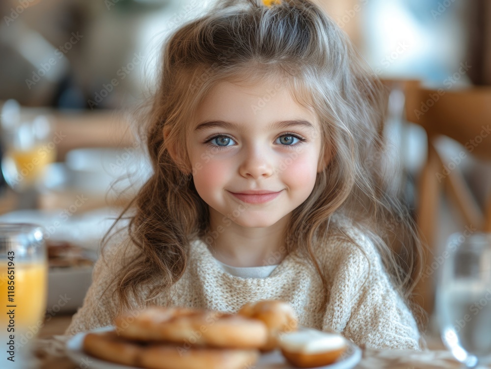 Charming young girl with luscious hair enjoying a breakfast spread indoors, featuring warm tones, soft natural light, and ample copy space for text. Charming young girl with luscious hair enjoying a breakfast spread indoors, featuring warm tones, soft natural light, and ample copy space for text.