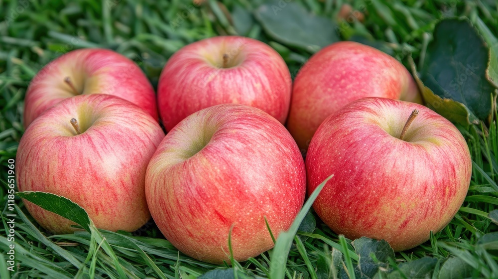 Royal Gala Apples arranged naturally on green grass surrounded by leaves showcasing vibrant colors and freshness in a natural setting Royal Gala Apples arranged naturally on green grass surrounded by leaves showcasing vibrant colors and freshness in a natural setting
