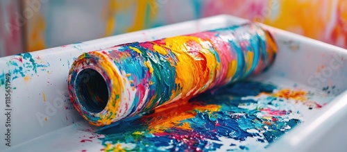 Vibrantly painted roller resting in a clean tank highlighting artistic preparation and cleanup in a colorful creative workspace photo