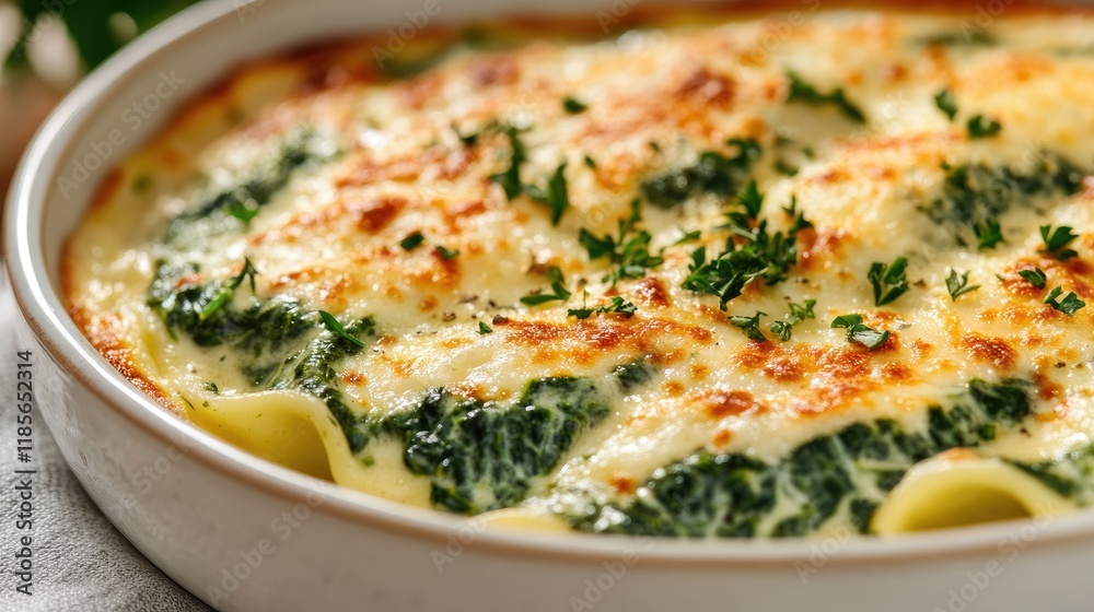 Creamy baked spinach raviolo with a rich cheese filling topped with golden herbs and a crispy crust