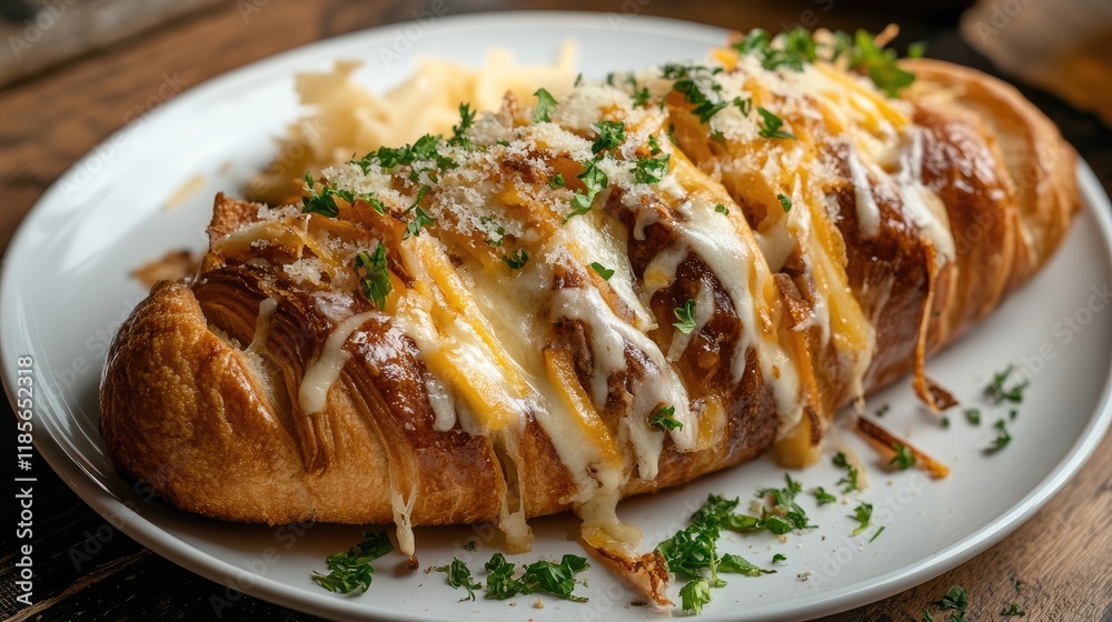 Cheesy croissant baked to perfection served on a white plate garnished with fresh herbs and paired with crispy fried potatoes Cheesy croissant baked to perfection served on a white plate garnished with fresh herbs and paired with crispy fried potatoes