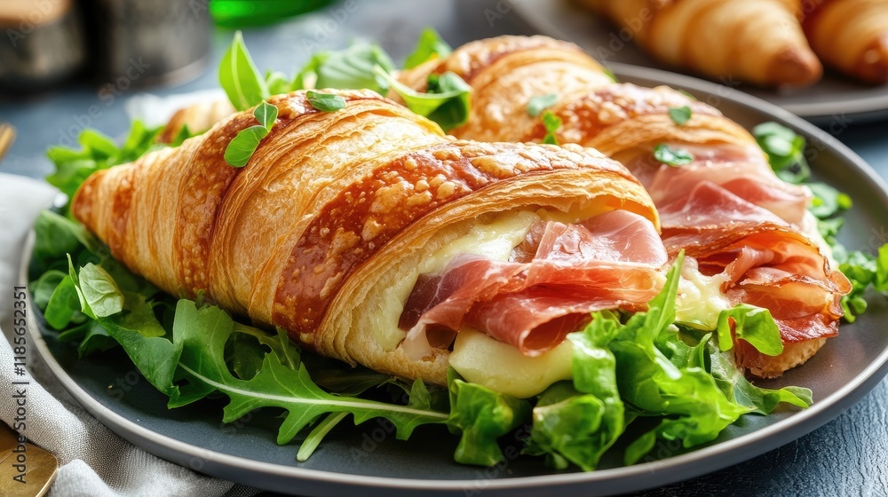 Delicious croissants filled with cheese and prosciutto served on a bed of fresh lettuce in a stylish presentation Delicious croissants filled with cheese and prosciutto served on a bed of fresh lettuce in a stylish presentation