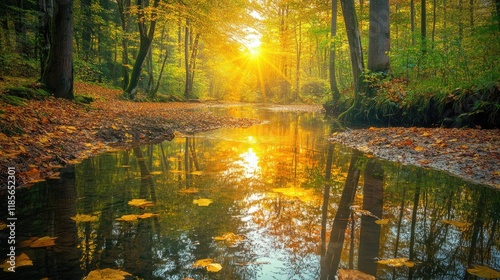Serene rural creek reflecting autumn foliage and sunlight through the forest in a tranquil natural landscape scene