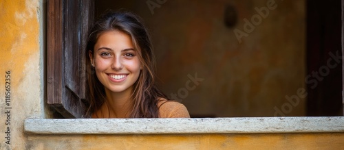 Smiling girl in casual attire leaning on stone balcony in Brenzone, Italy, warm earthy tones, soft natural light, ample space for text overlay. photo