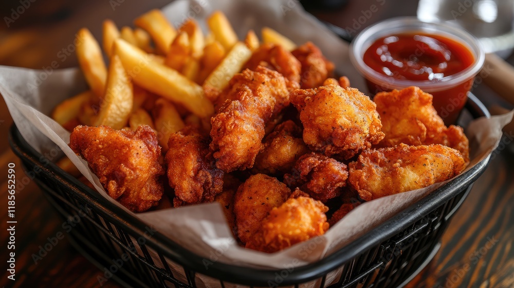 Southern style crispy fries and fried chicken served in a rustic food basket with dipping sauce on a wooden table Southern style crispy fries and fried chicken served in a rustic food basket with dipping sauce on a wooden table