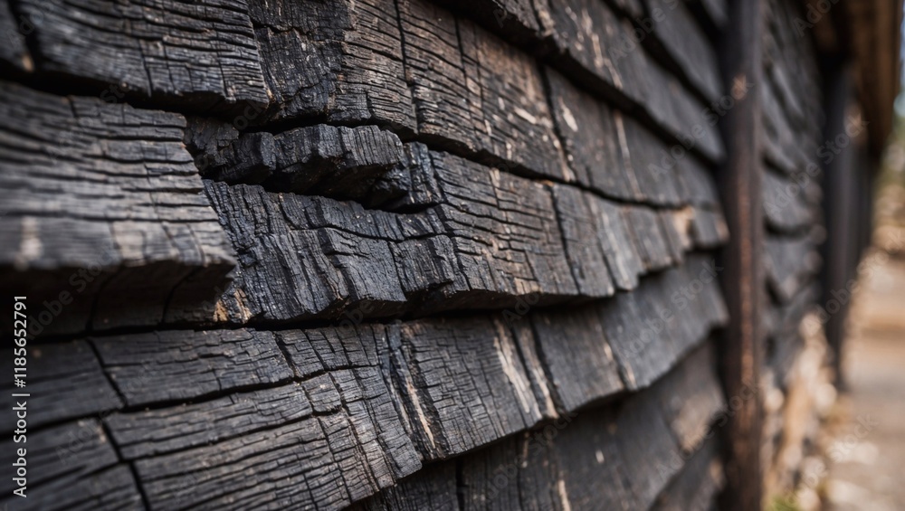 A near view of a blackened wooden wall, revealing its rustic and weathered surface. A near view of a blackened wooden wall, revealing its rustic and weathered surface.