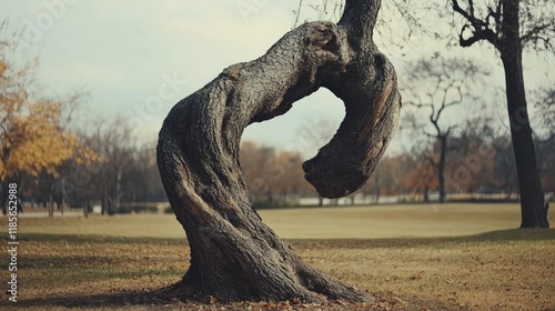 Unique twisted tree with intricate bark patterns in a serene park setting showcasing the beauty of nature and its eccentricities