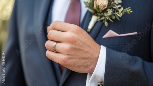 Groom in formal attire showcasing wedding accessories including perfume and cufflinks with floral boutonniere for a stylish celebration photo