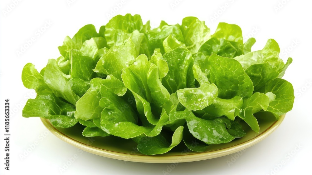 Freshly Harvested Green Lettuce Salad Served on a Yellow Plate Isolated on White Background Freshly Harvested Green Lettuce Salad Served on a Yellow Plate Isolated on White Background