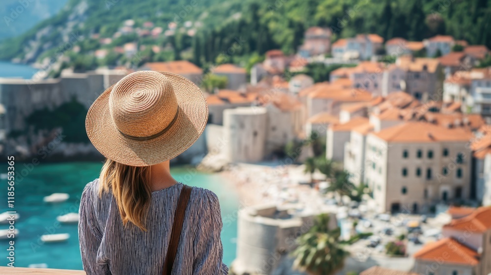 Fototapeta premium Caucasian woman in straw hat gazing at scenic Budva Montenegro from observation deck, vibrant rooftops and sea in background, spacious sky for text.