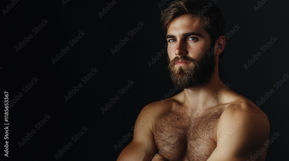 Fototapeta premium Muscular Caucasian man with a beard posing seriously against a dark black background, arms crossed, creating ample empty copyspace for text.