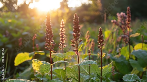 Sorrel Rumex patientia plant with green leaves basking in sunlight during sunset in a beautiful garden setting photo