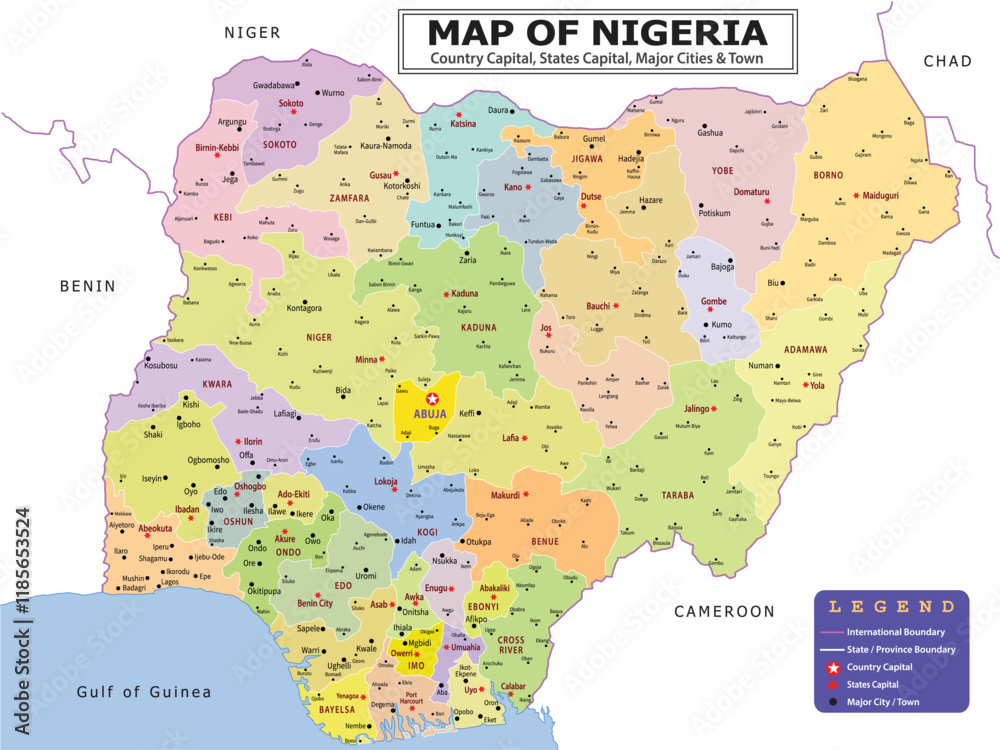 Obraz premium African Countries Geography Political map. Political map of country with capital, province or state capital, major cities and town.