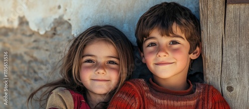 Brother and sister playful portrait in rustic village setting with warm earth tones, soft sunlight, and ample copyspace for text. photo