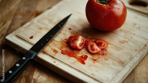 Food safety awareness highlighting cross contamination risks from sliced tomatoes on a chopping board with a knife in a kitchen setting.