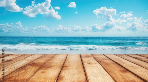 Wooden Tabletop Overlooking Tranquil Blue Ocean Waves and Sky Adding Depth to Coastal Display Background photo