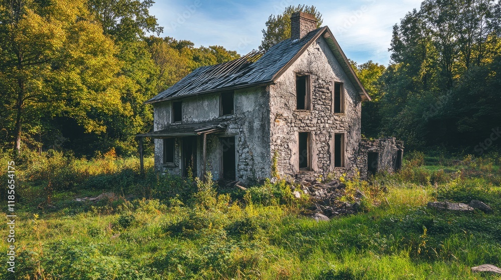 Abandoned stone house surrounded by lush greenery in a rural setting showcasing decay and nature's reclamation. Abandoned stone house surrounded by lush greenery in a rural setting showcasing decay and nature's reclamation.