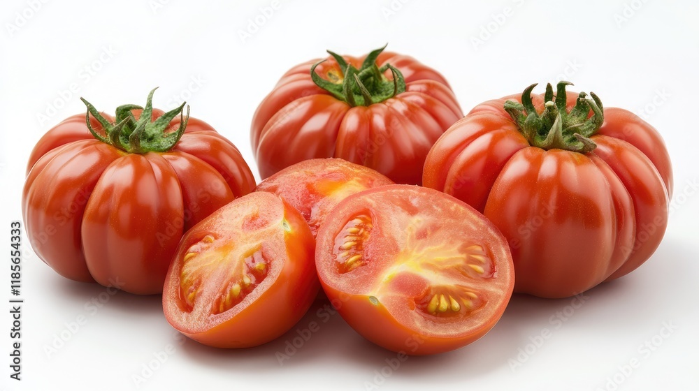 Fresh ripe tomatoes sliced on a round white cutting board with whole tomatoes showcasing vibrant color and texture