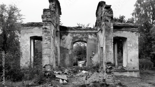 Abandoned historical building ruins surrounded by overgrown vegetation in a desolate landscape showcasing nature's reclamation. photo