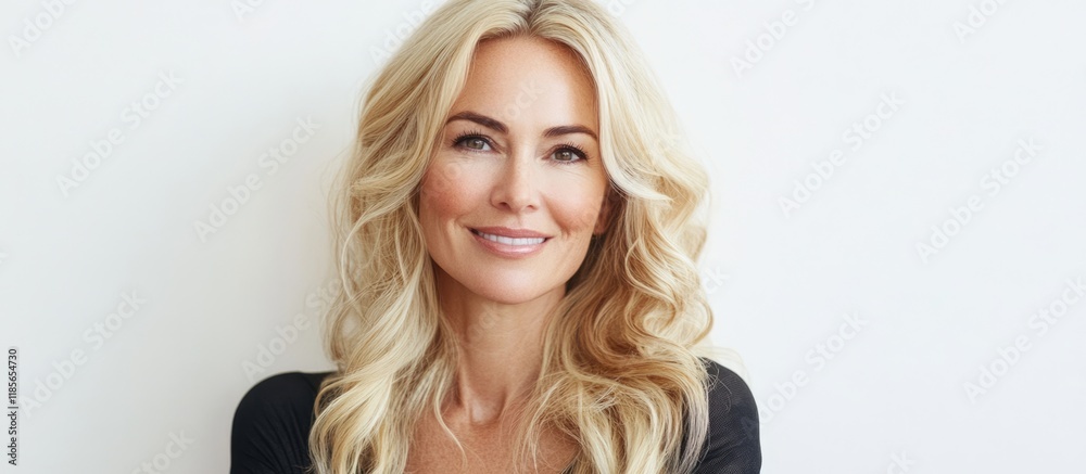Mature blonde woman in casual attire smiling against a bright white background showcasing beauty and confidence with ample copy space for text Mature blonde woman in casual attire smiling against a bright white background showcasing beauty and confidence with ample copy space for text