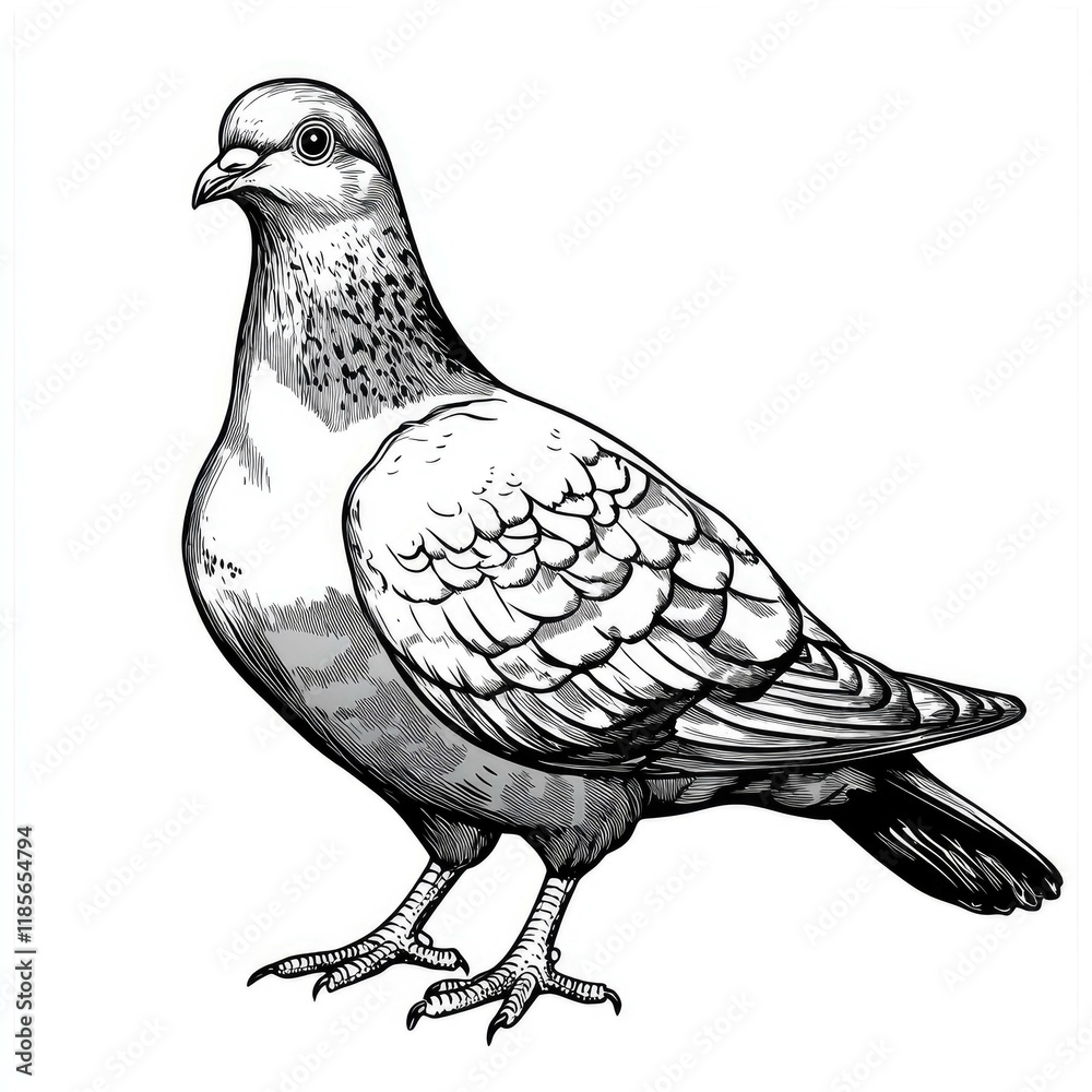 Fototapeta premium Majestic Pigeon: A Black and White Detailed Drawing of a Bird